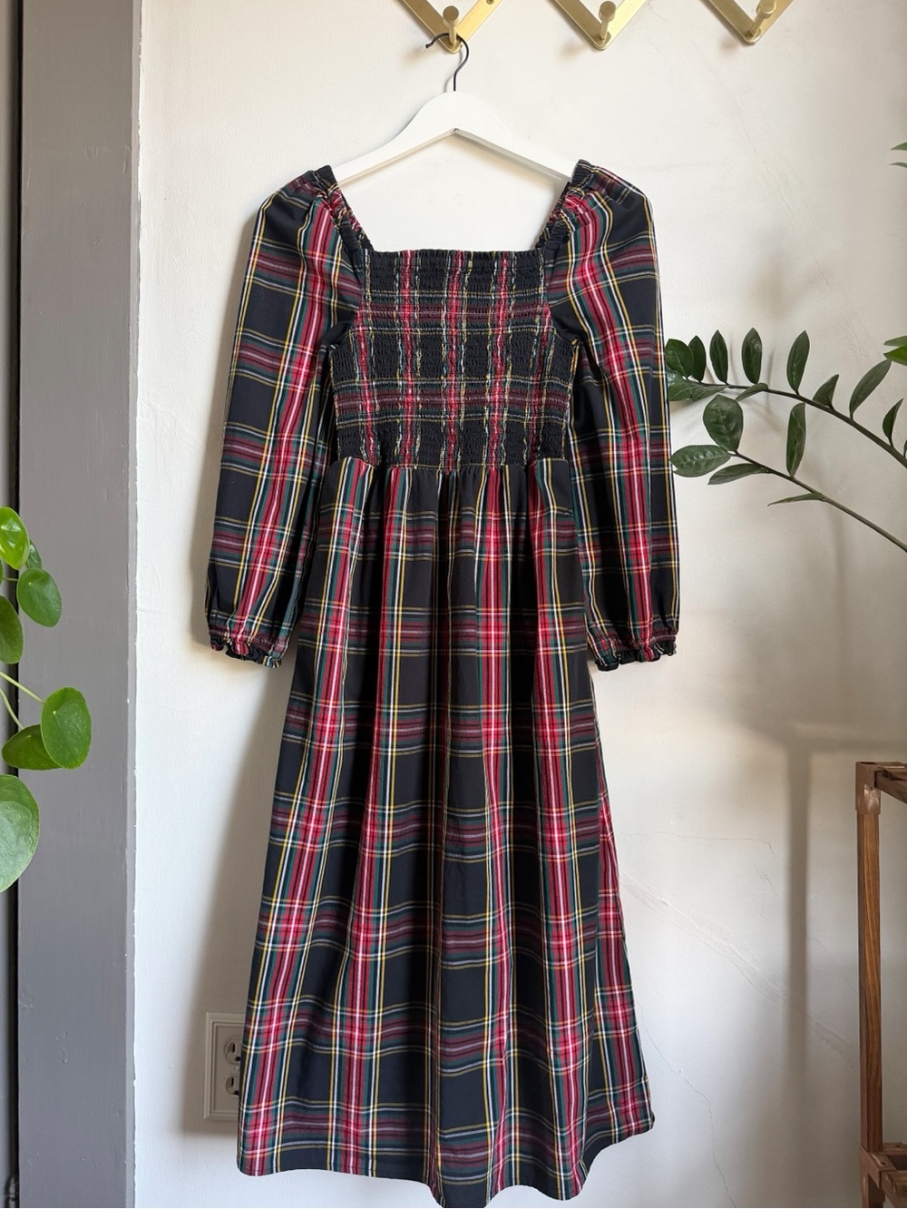 J Crew Factory Square Neck Midi Dress in Stewart Plaid